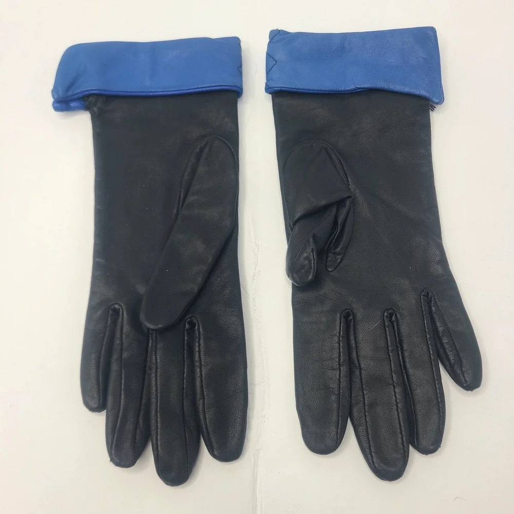 Vintage Leather Gloves 6.5 Black with Quilted Blue Cuffs Retro 80s Accessory